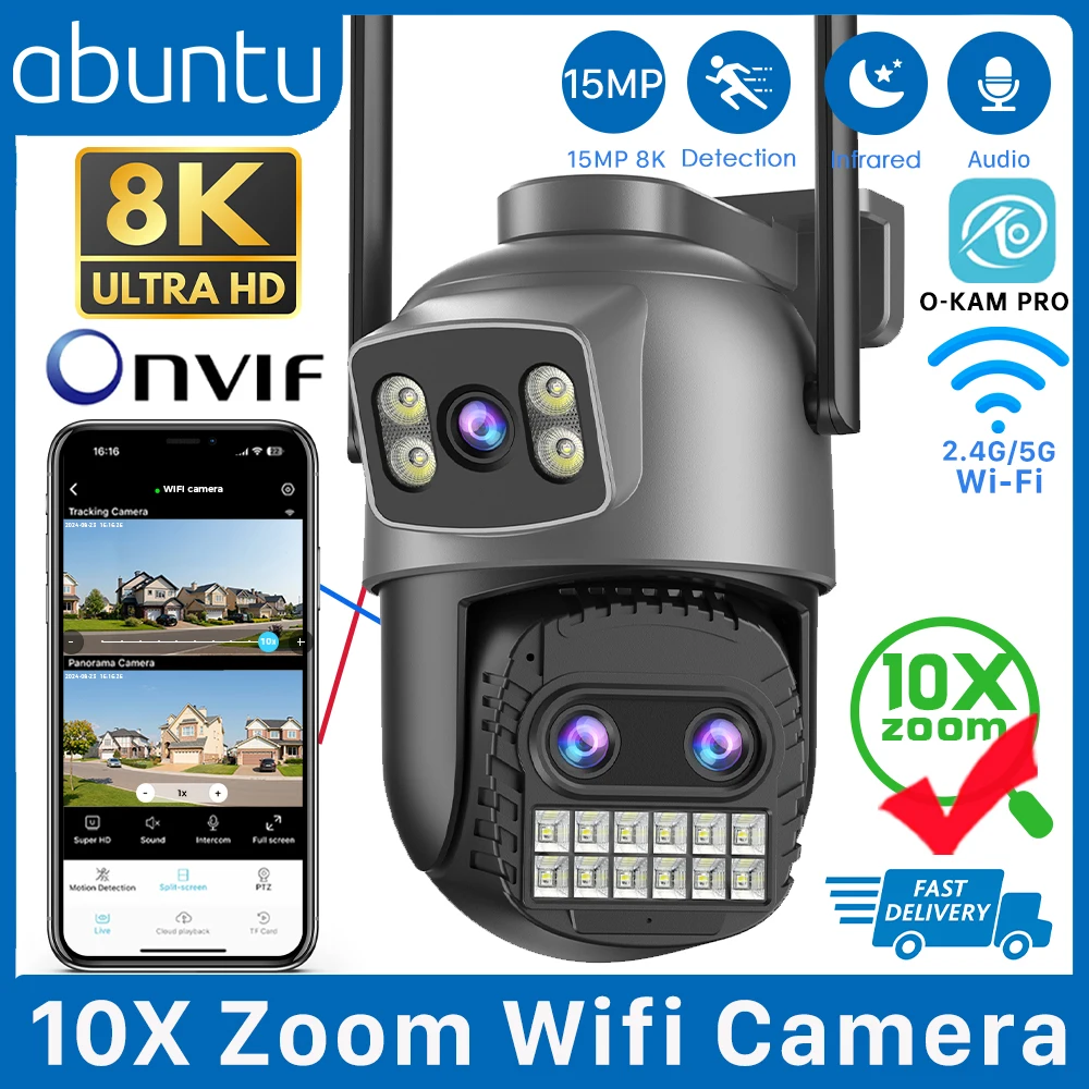 Cámara de vigilancia en exterior PTZ de 15MP, 8K, Wifi, Zoom 10X, visión nocturna de larga distancia de 35M, cámara de seguridad IP CCTV, detección humana