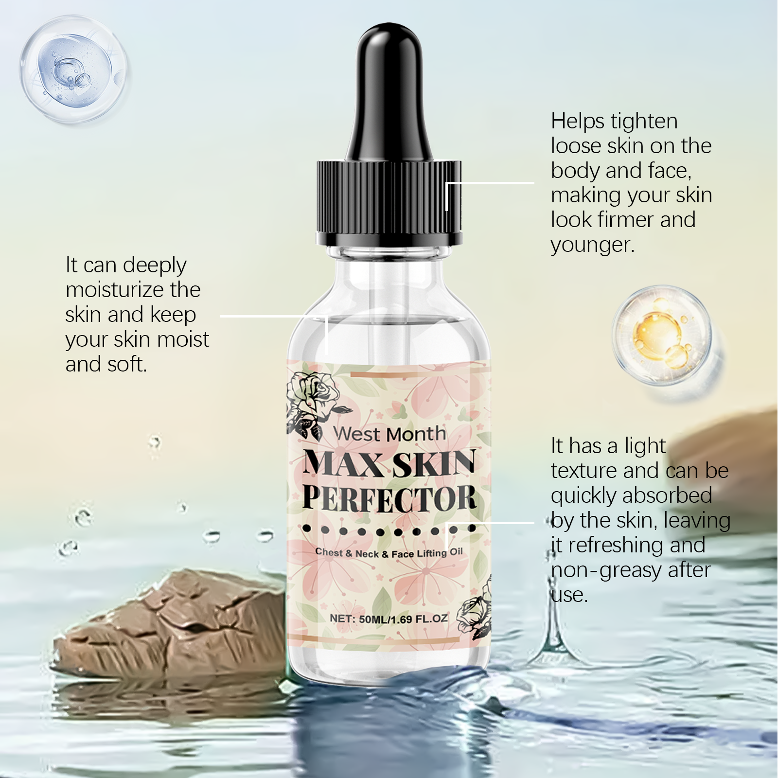 Óleo de levantamento facial no peito, pescoço, nutrição eficiente, nutre profundamente a pele, óleo hidratante, aumenta seu brilho, cuidados com a pele no inverno