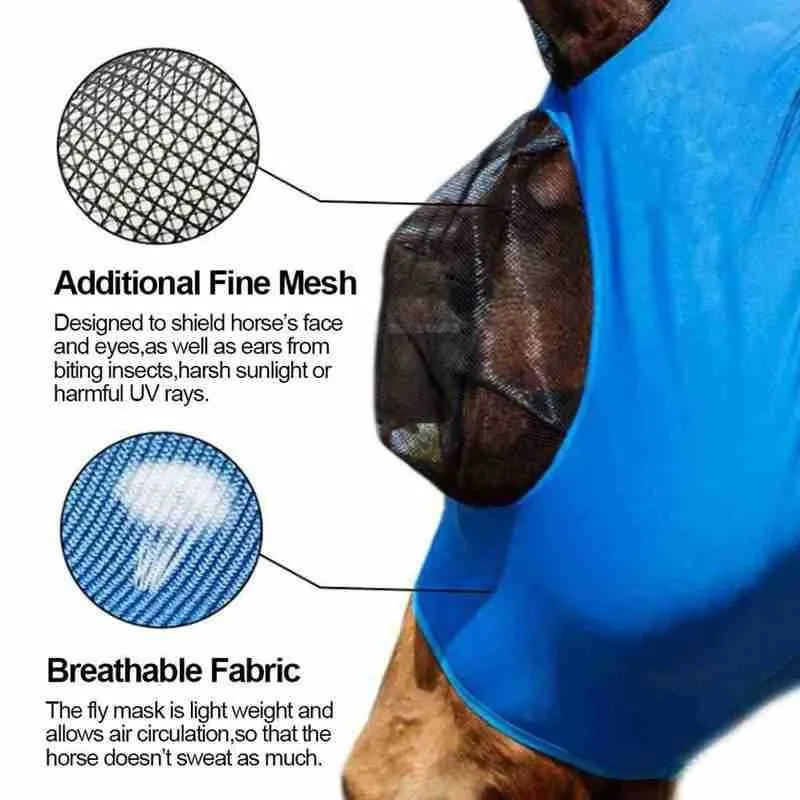 Máscara facial de caballo, máscara de Halloween, transpirable, antimoscas, máscara de malla tejida elástica, máscaras para las orejas, Protector, equipo ecuestre para caballos