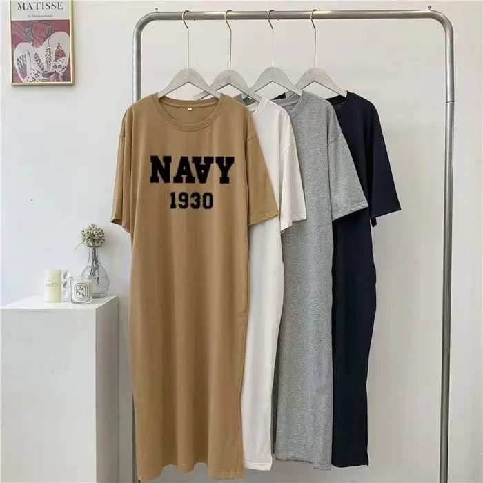 Verão simples casual coreano moda carta impressão oversize solto em torno do pescoço vestido de manga curta para mulher