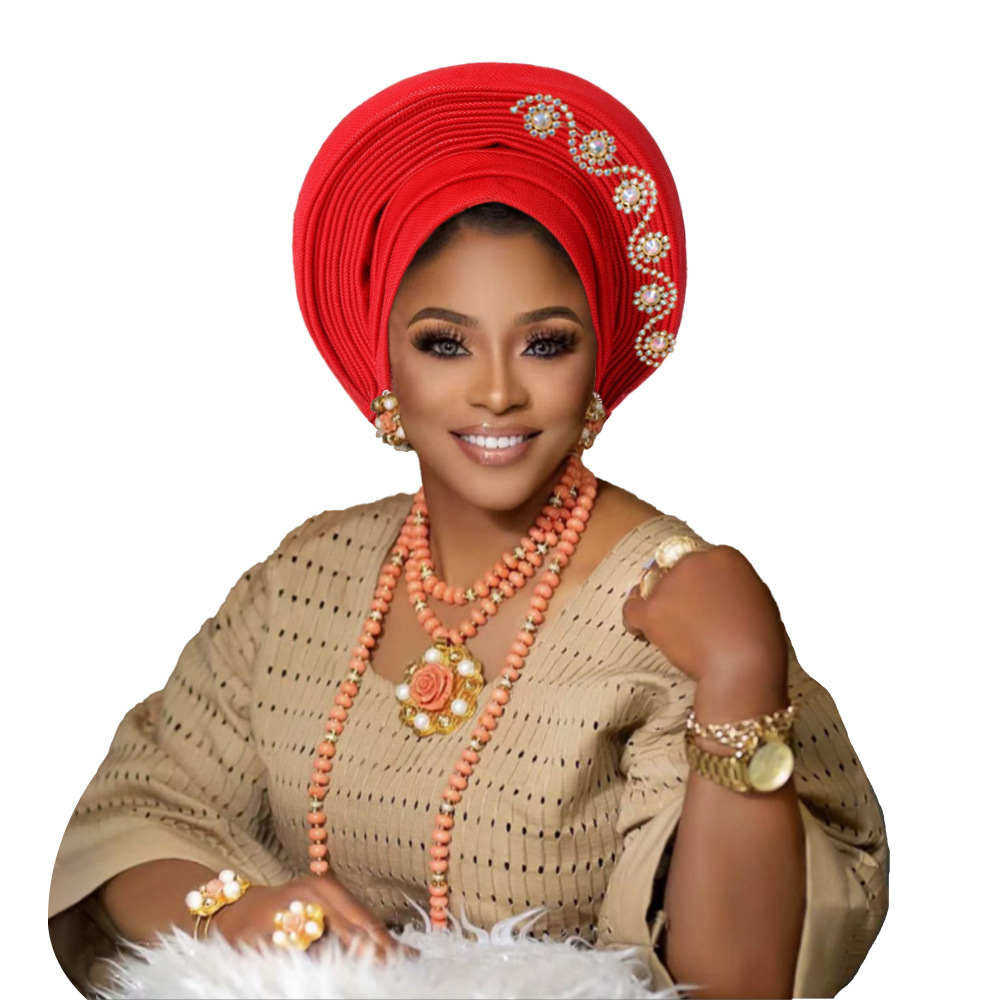 Neue afrikanische Headtie Turban Nigeria Kopfbänder mit Blumen bereits hergestellt Auto Gele Frauen Kopfwickel für Hochzeitsfeier