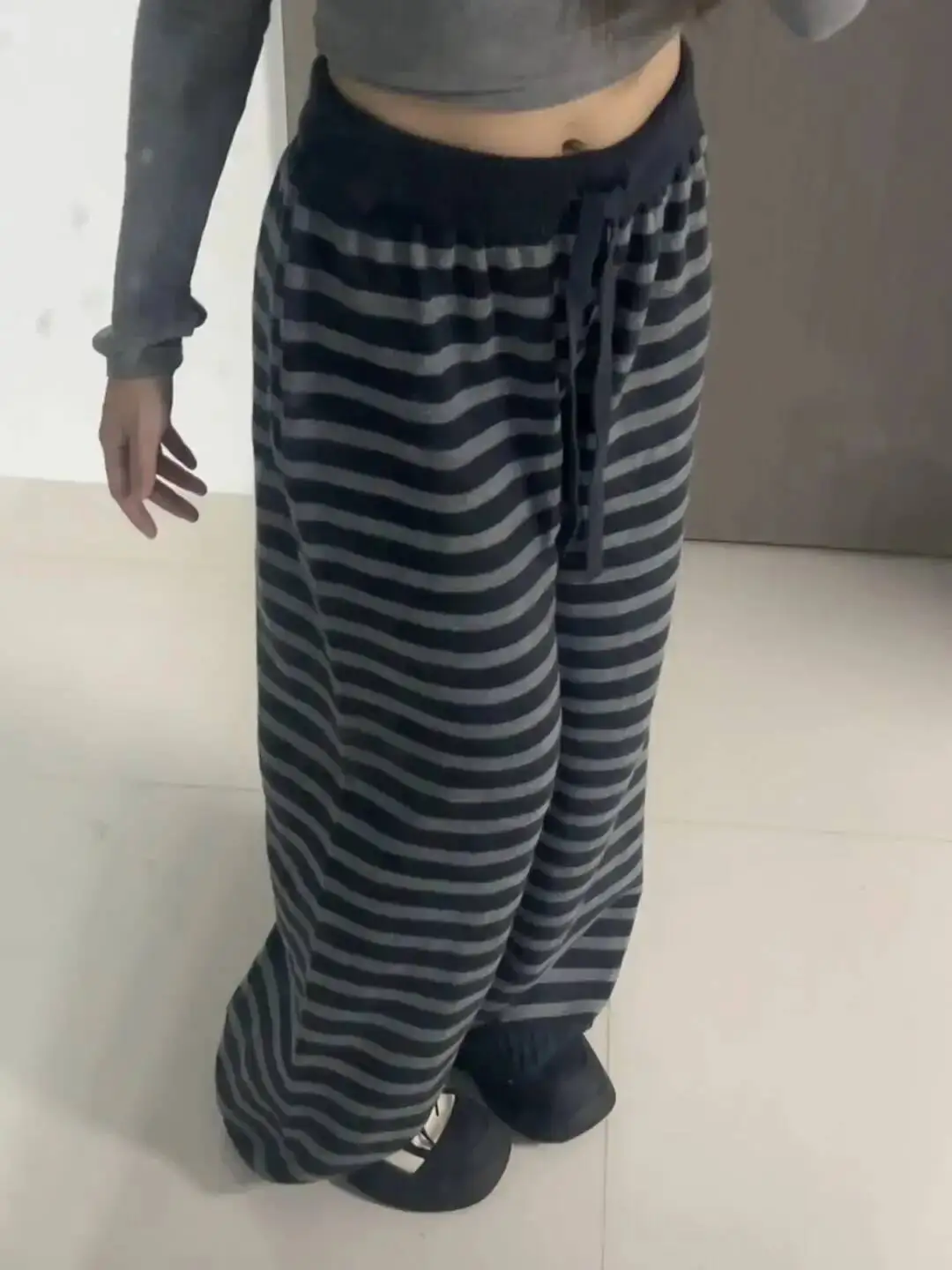 Harajuku contraste cor listra calças de perna larga vintage grunge solto malha calça casual y2k estética feminina calças retas