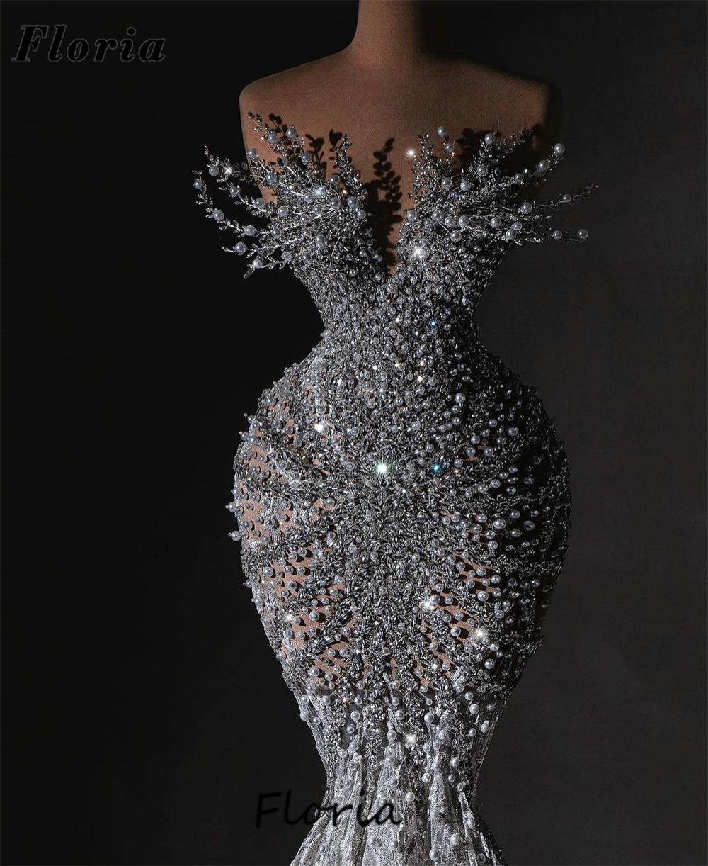 Uniques Coutures Meerjungfrau Abendkleider Spitze Perlen Perlen Cocktailkleid Sheer Neck Verlobungsfeier Kleider Abschlussball Maßgeschneidert