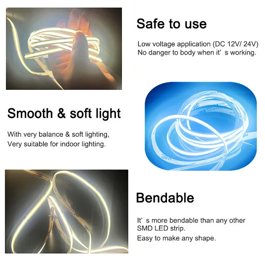 COB LED Strip 8mm 320 LEDs Width Warm Nature Cold White Color Flexible 12V 24V LED Tape Bar Light for House Room Decor