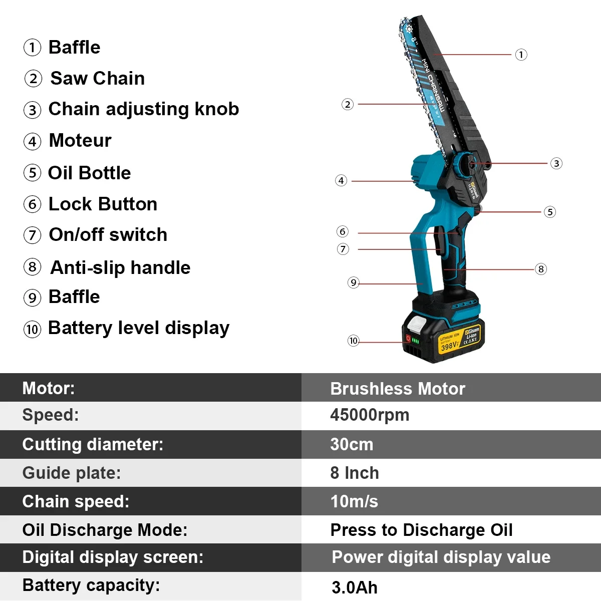Gisam 8 Inch Brushless Electric Saw Cordless Handheld Garden Wood Logging Pruning Chainsaw Power Tools for Makita 18V Battery