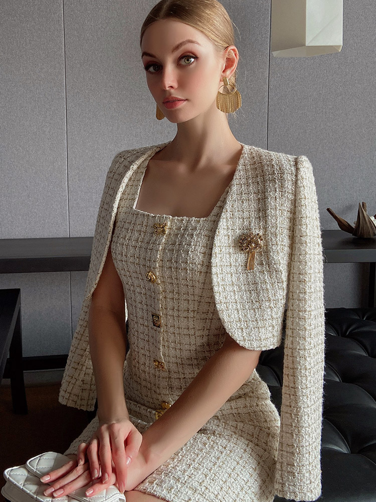 Tailor Shop Tweed Crop เสื้อแจ็คเก็ตสี่เหลี่ยมคอชุดสั้น2ชิ้นชุดสูทหญิงฤดูใบไม้ร่วง
