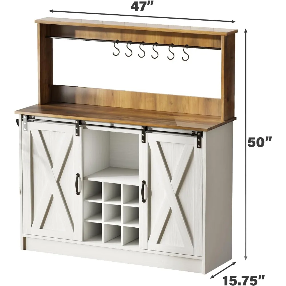 Bar bar cabinet with storage space with 6 hooks, white bar bar table with sliding barn door and adjustable living room shelf