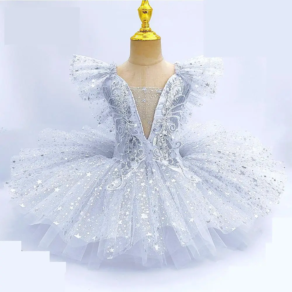 Crianças lantejoulas vestido de balé desempenho roupas prata meninas saias de dança moderna crianças ballet tutu festa vestido de princesa trajes