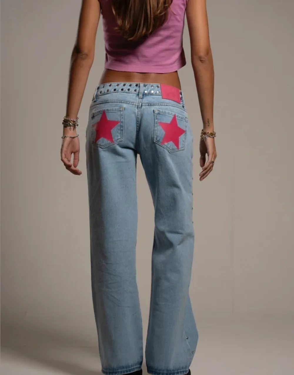 Vintage Five-Pointed Star Print High Waited Jeans Woman Street Harajuku Baggy Jeans Women Clothing Casual Straight Denim Pants