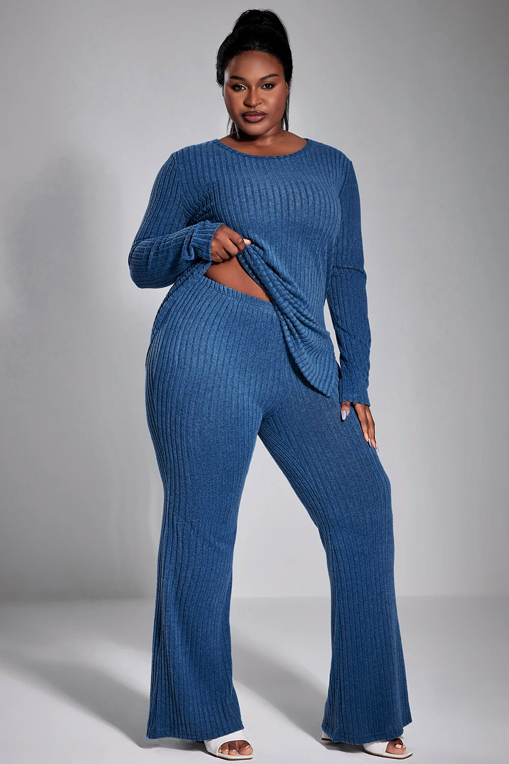 Conjunto de calça casual plus size outono inverno azul royal cor sólida slim fit malha gola redonda conjunto de calça de duas peças