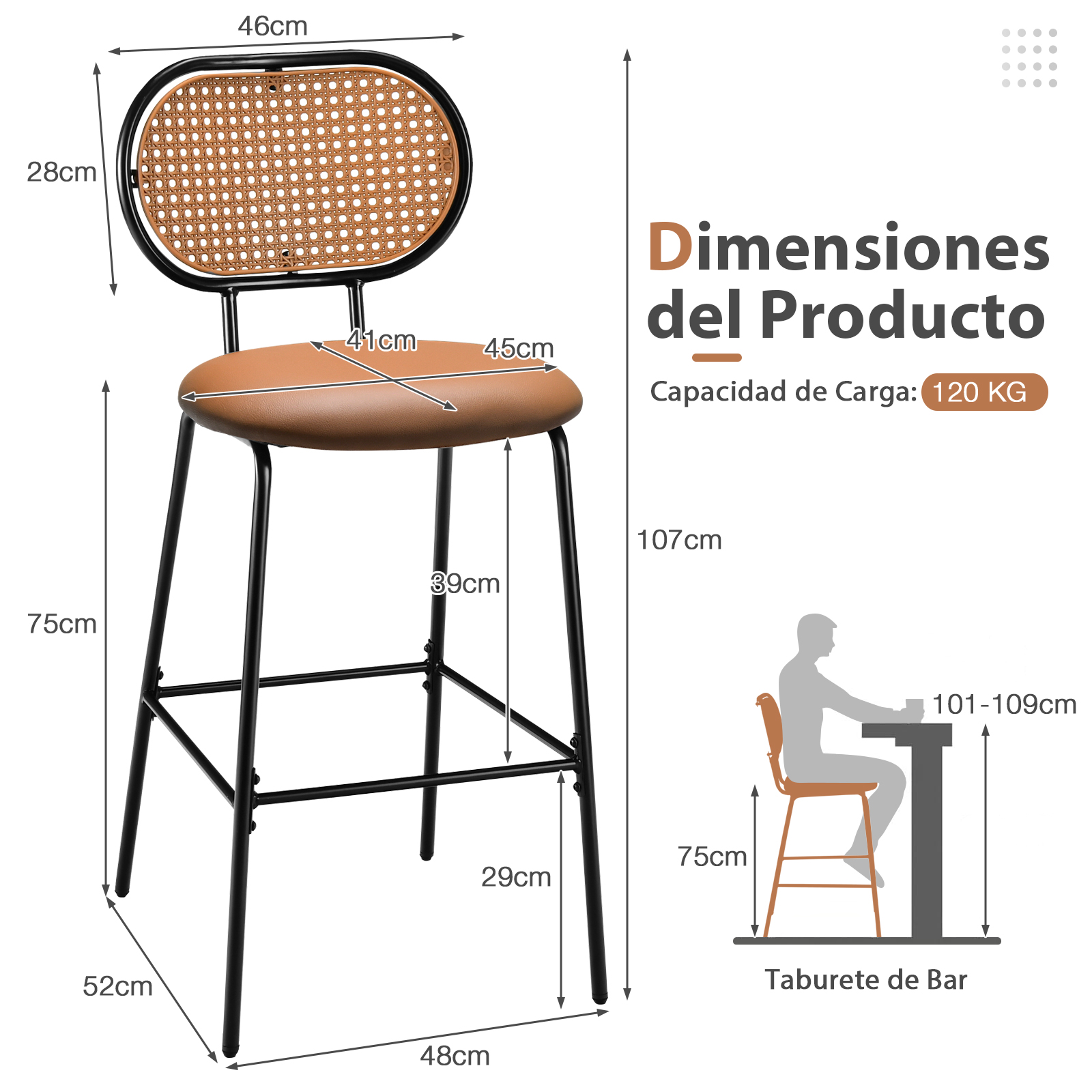 Juego de 2 Taburetes De Bar, Sillas de Comedor Modernas de Imitación de Cuero con Respaldo de Ratán, Taburetes de Bar sin Brazos de Altura Ajustable para Bistro Hogar, Restaurante, 75 cm