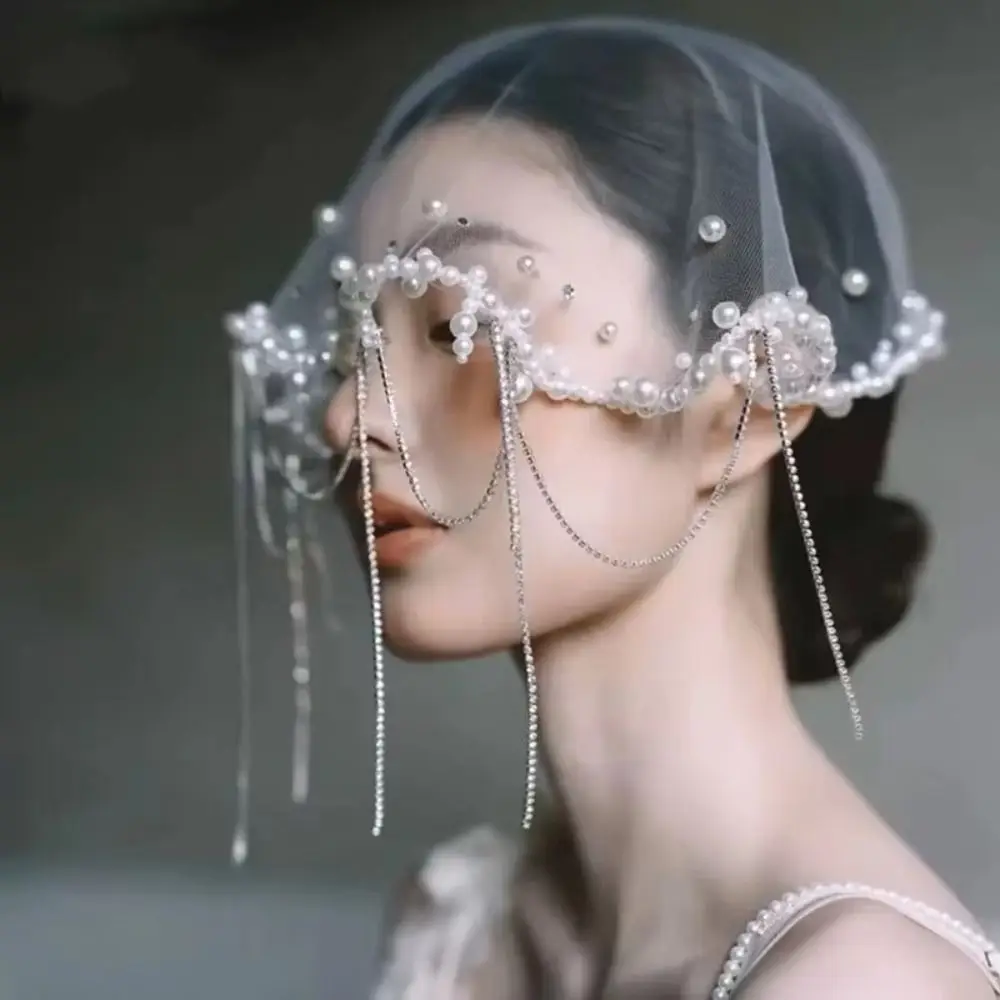Kerudung Pengantin Manik-manik Mutiara Antik Kerudung Pernikahan Putih Pendek Jumbai Tulle Hiasan Kepala Kasa Kepala Pengantin