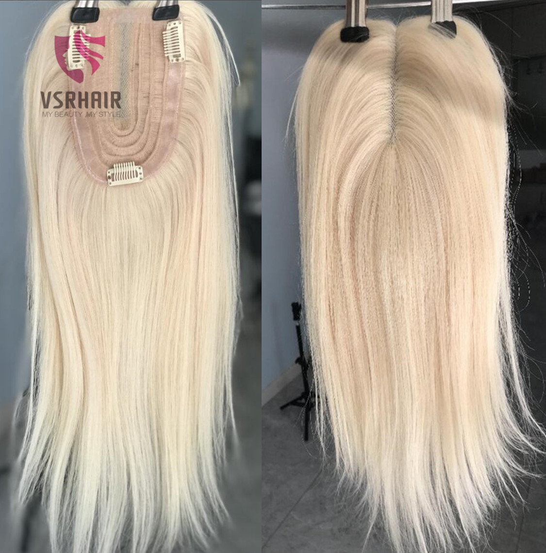 Vsr 9x13 # 60er platinblonder Echthaar-Topper für Frauen, genäht mit drei Clips, unsichtbare, handgebundene Haarlinie, Haar-Topper