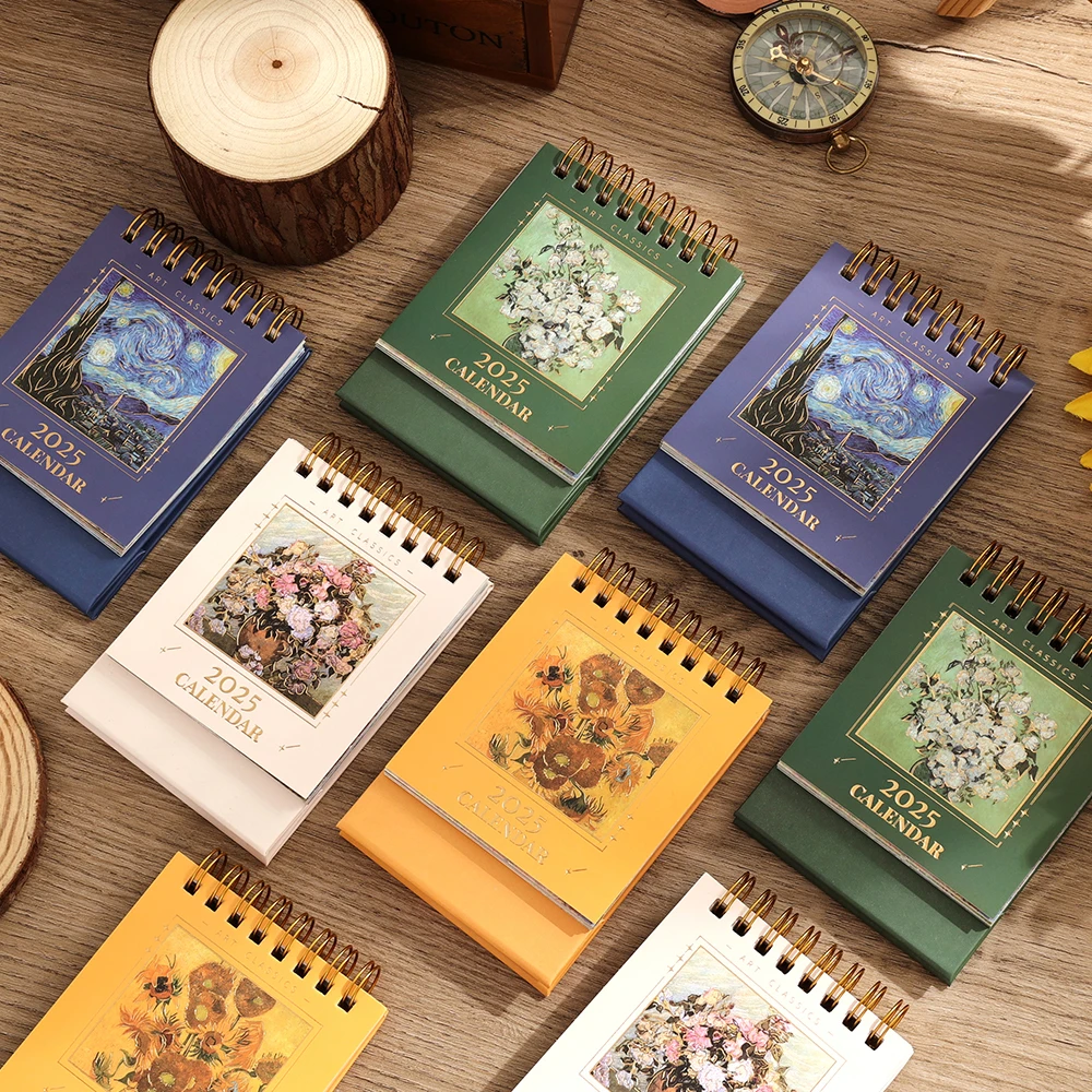 1 pc 2025 Vintage Mini Bronzing Painting Desk Calendar Tabletop Flip Monthly Calendar Student Notepad Schedule Planner Calendar