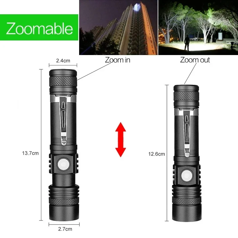 Linterna portátil de aleación de aluminio, potente linterna LED recargable por USB, Zoom táctico para exteriores, luz de Flash impermeable para acampar