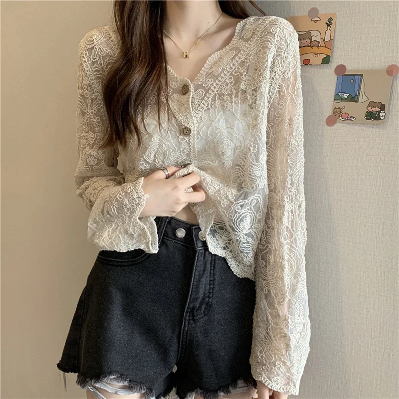 Blusas de renda de verão vintage mulheres ver através pura manga longa camisas de sol estilo coreano casual proteção solar sexy senhoras topos