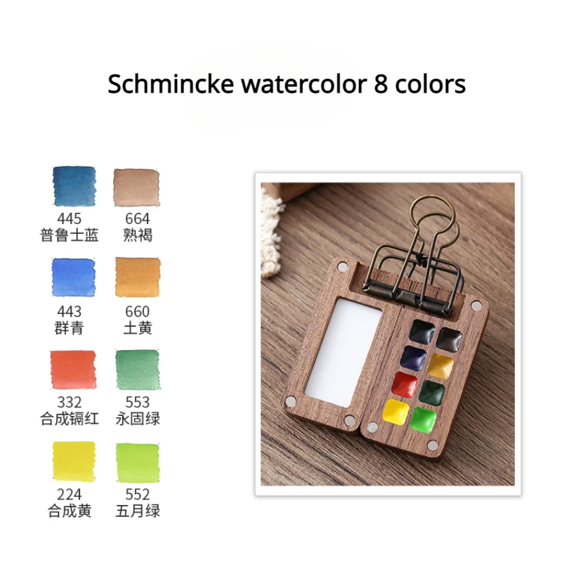 Set di acquerelli da viaggio portatili Schmincke Acquerello 8 colori Mini scatola di vernice in noce Quaderno per schizzi Forniture artistiche per gite per studenti