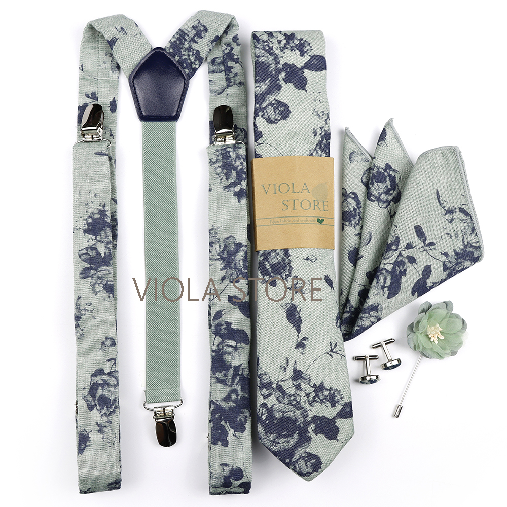 Nueva flor de algodón 2,5 cm tirantes 6,5 cm corbata Hankie hombres chico arco conjunto flor verde corbata tirantes accesorio de regalo de fiesta de boda