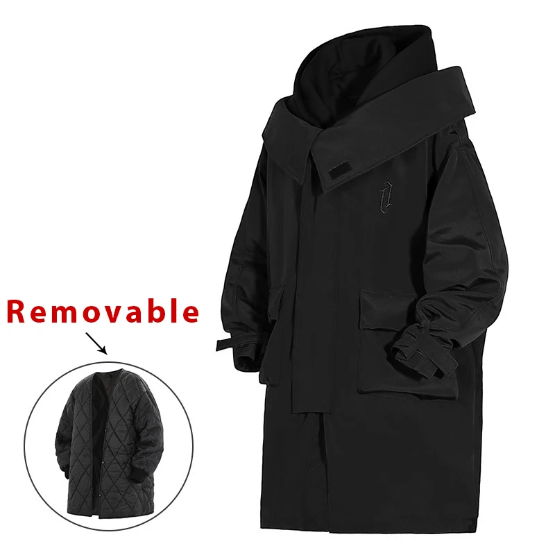 11bybb's dunkle Männer Winter lange Jacke Wind jacke neue gefälschte zweiteilige abnehmbare Liner Funktion Parkas Mäntel dicke Jacke