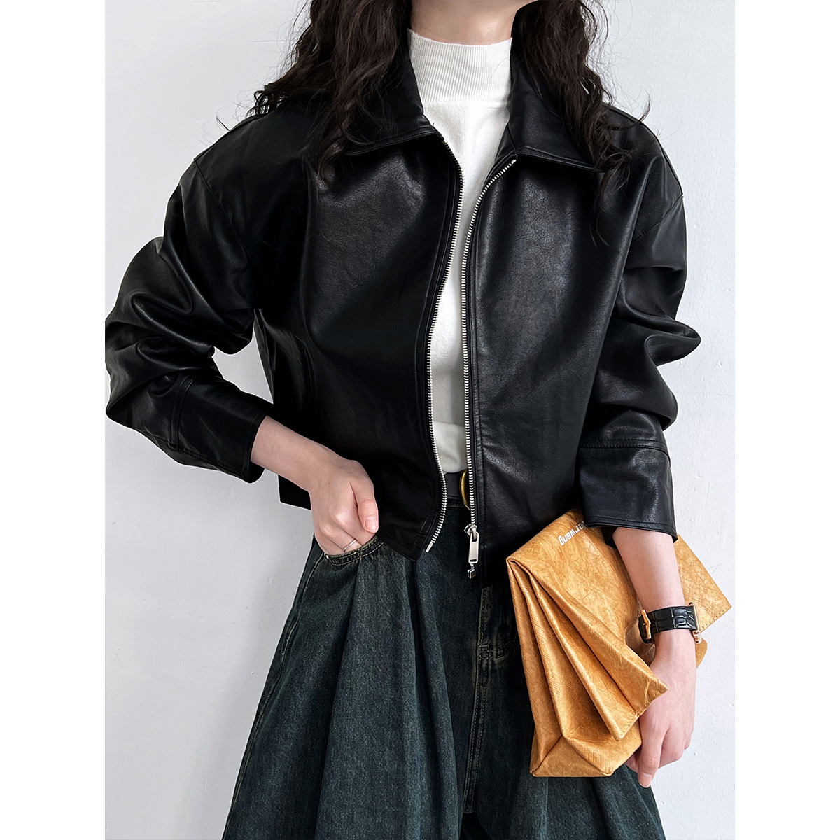 2024 Frühling Pu Leder Turn Down Kragen Jacke Mantel Mode Reiß verschluss Frauen klassische Jacke Femme Streetwear Frauen Tops Kleidung