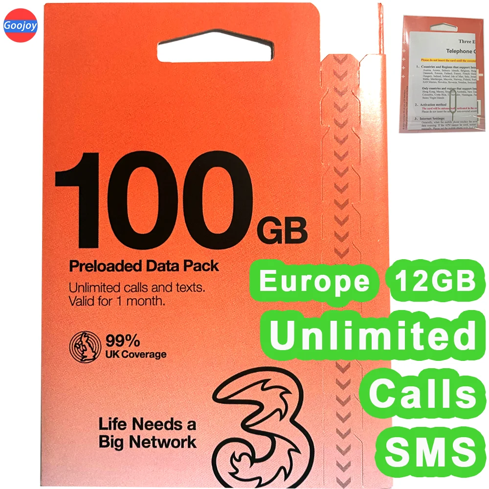 European 5G Unlimited Call & SMS，UK 10/30/100GB Data (Europe 12GB Data)，UK Phone Number，Can Top Up Yourself，UK Three Sim Card.