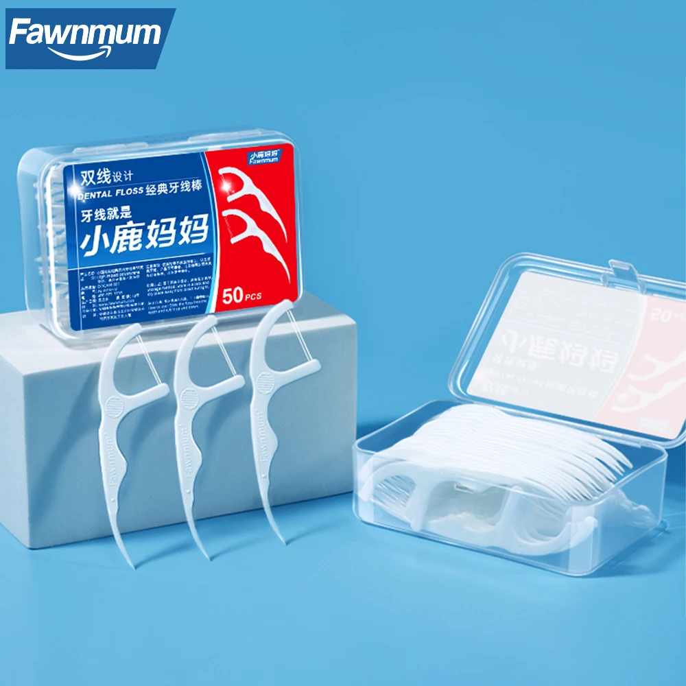 Fawnmum 50/100pcs 더블 라인 치실 이쑤시개 신선한 호흡 치과 Flosser 구강 관리를위한 일회용 치실 스틱