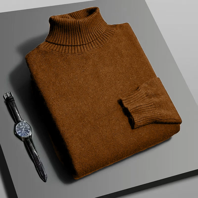 Otoño para hombre de alta calidad de punto suéter de cuello alto ajustado de manga larga anti-pilling jersey Color sólido tendencia hombres Streetwea