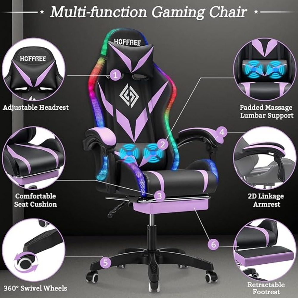 Gaming Chair with Massage and LED RGB Lights Chair with Footrest High Back Video Game Chair with Linkage Armrest Gaming Chairs