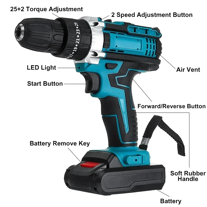 25 + 3 Torque Trapano a percussione Cacciavite elettrico Cordless Trapano a percussione elettrico Driver 2 Velocità di marcia Batteria agli ioni di litio Utensili elettrici
