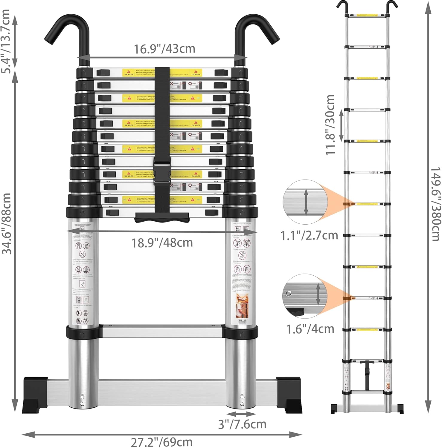 Escada telescópica com estabilizador, ganchos removíveis, design dobrável de alumínio, 3.8m Multi-Purpose Step para uso doméstico e ao ar livre