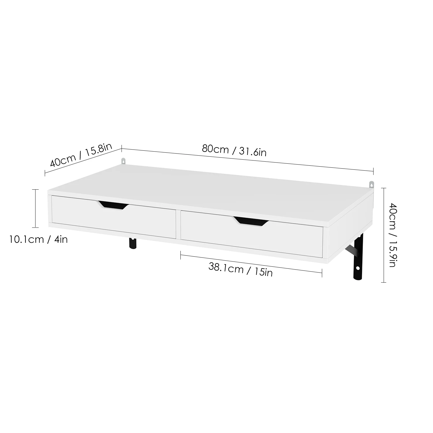 Mesa de parede Getone, mesa de parede com 2 gavetas e 2 suportes, mesa de computador Mesa suspensa de 80 cm, estação de trabalho de escritório de madeira