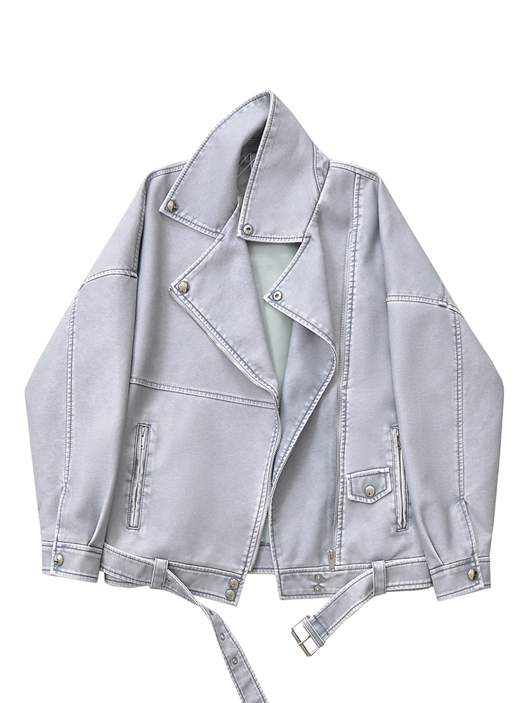 Ailegogo-ジッパーベルト付きの女性用合成皮革ジャケット,ヴィンテージスタイルのバイカーコート,レトロなブルーのストリートウェア,女性のアウター,春と秋