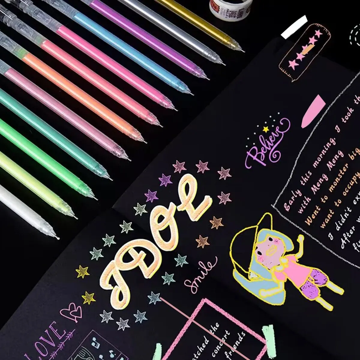 12 สีขนาดใหญ่ความจุเข็ม Highlighter Fine TIP 0.5 มม.ปากกาเจลวาด DIY การ์ดสีดําวาดเครื่องหมายไดอารี่ Doodling