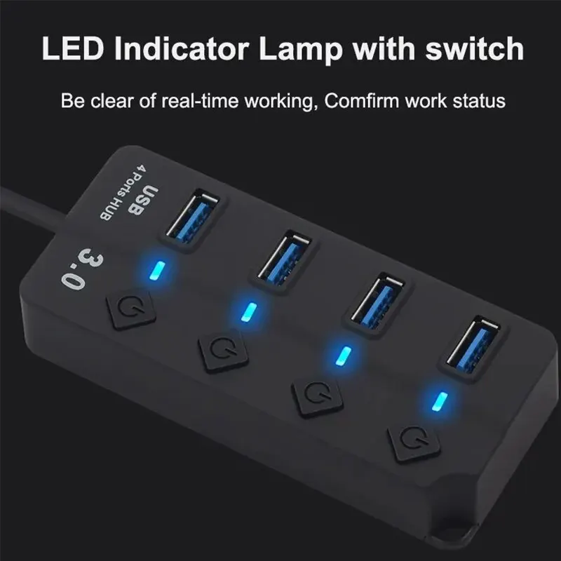 HUB USB3.0 USB-Splitter 2.0 4-in-1-USB-Adapter Multi-Port Independent Power Switch Extender 30 cm Kabel