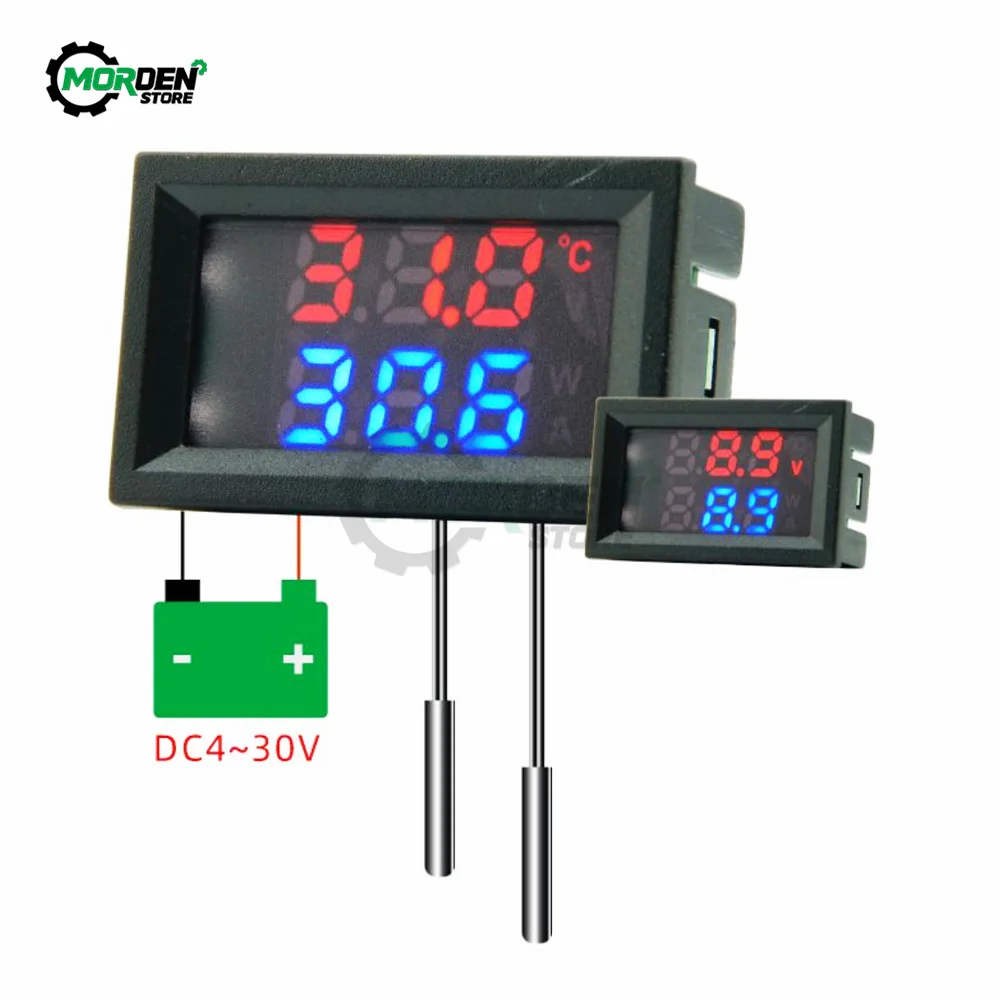 DC4-30V 5V 12V 0.28 Inch Màn Hình LED Hiển Thị Kép NTC 10K 3950 Vôn Kế Kỹ Thuật Số Cảm Biến Nhiệt Độ Nhiệt Kế NTC Đầu Dò Cáp