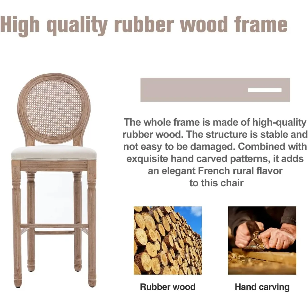 French Country Bar Stool Set of 4, Rattan Counter Height Chairs with Solid Wood Frame and Upholstered Seating, 26 Inch Bar