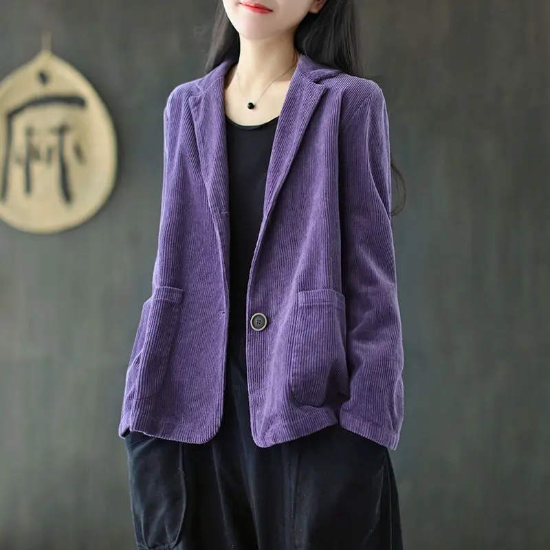 Corduroy ชุดคอปกสีทึบสั้นผู้หญิงใหม่ฤดูใบไม้ร่วงแขนยาววรรณกรรมและ Retro Casual Coat Top