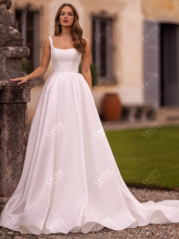 Simple Wedding Dresses Satin Graceful Bridal Gowns Square Collar Backless Robes For Formal Party Vestidos De Novia Customized