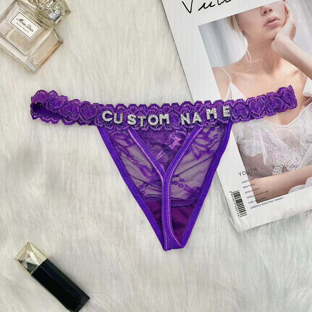 Aangepaste string met naam aangepaste panty strass brief sexy gepersonaliseerde lingerie cadeau T-back G-String Bikini sieraden