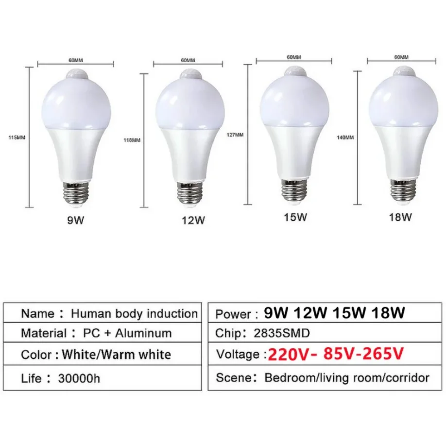 E27 Lampadina con sensore di movimento a LED Lampada a LED con sensore PIR Lampadina ON/OFF automatica Luce notturna per portico Scale Garage Luci di sicurezza