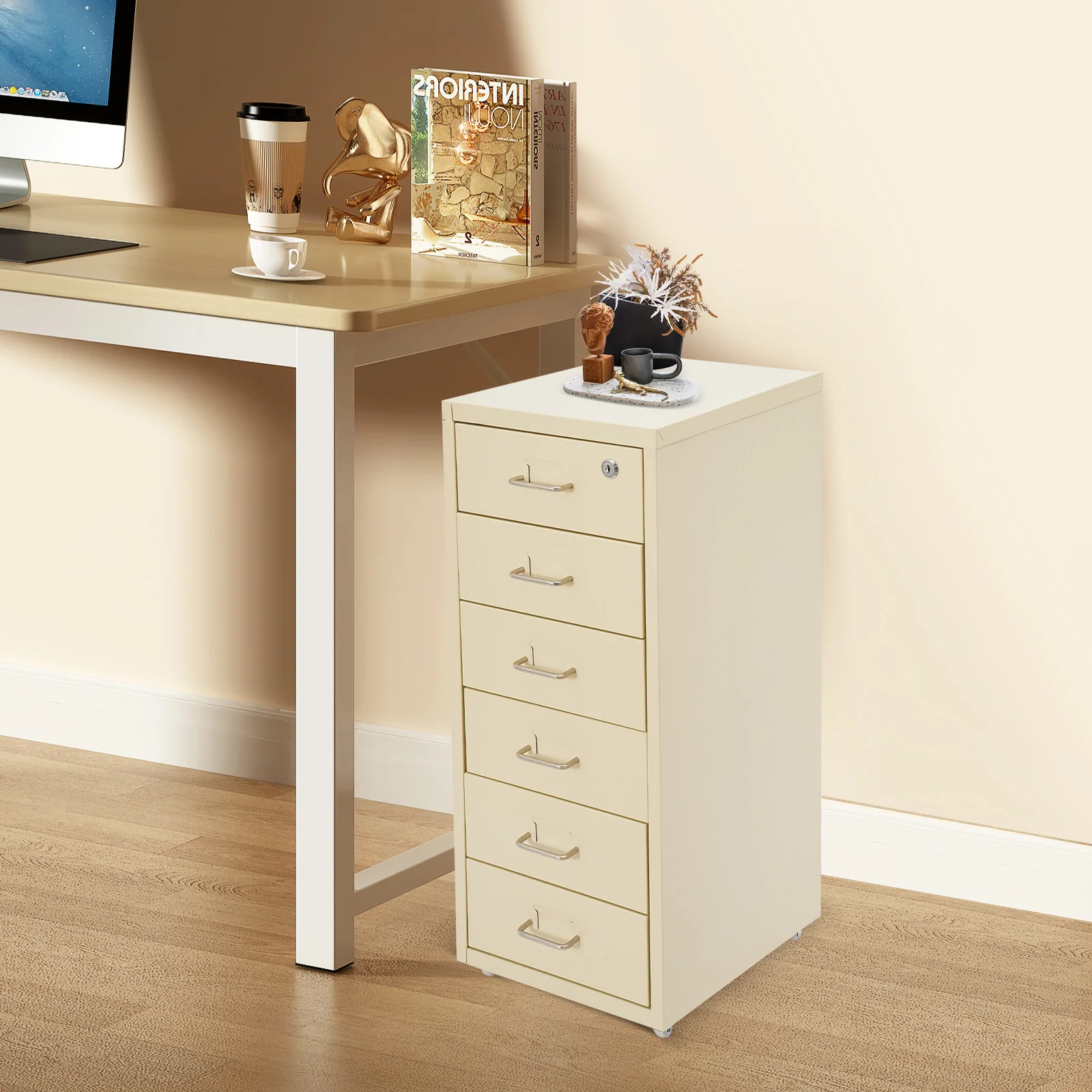 Lockable Rolling Metal File Cabinet| 6-Drawer Home Office Document Storage Container with Wheels| Off-white/Green/Yellow