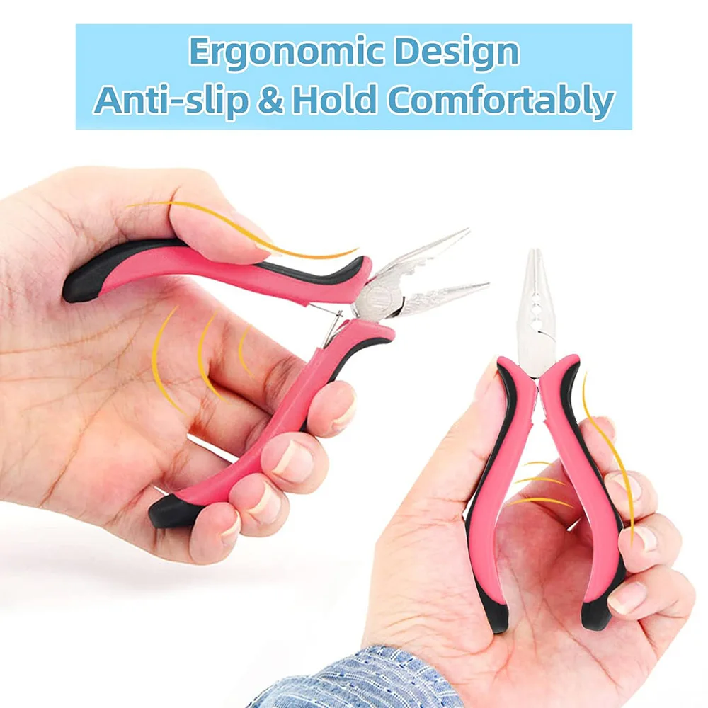 Mini alicates para extensiones de cabello con 3 agujeros, abridor y herramienta de extracción de extensiones de cabello con microanillo Nano, alicates de punta recta rosa