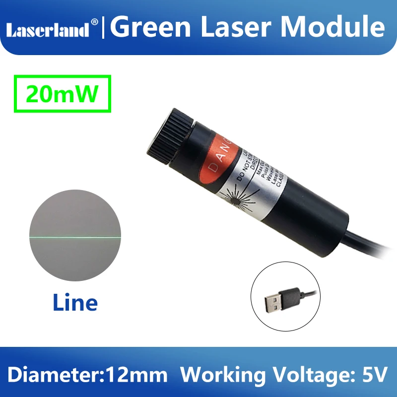 Módulo láser de punto/línea/cruz enfocable de 12 mm, 520 nm, 20 mW, para marcar, soldar, bordar con conexión USB