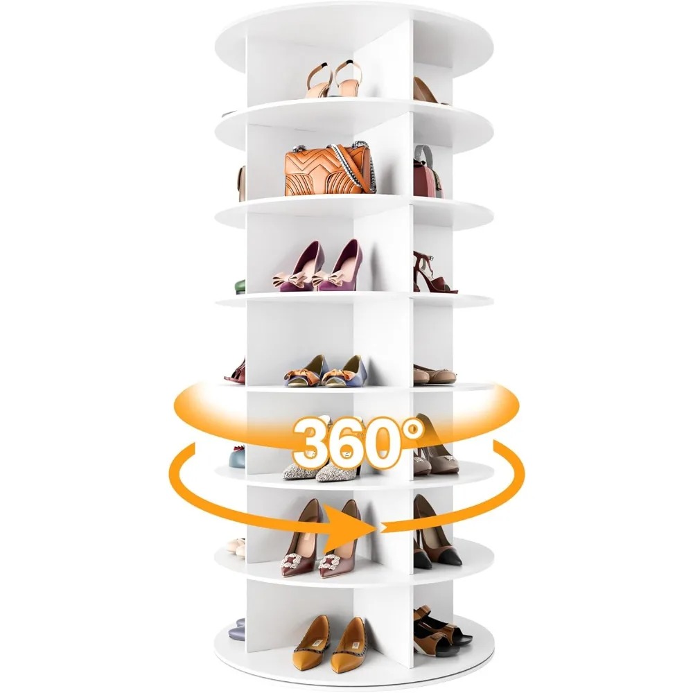 7-layer Rotating Shoe Rack Tower, New Upgraded 360 Degree Circular, Vertical Handbag White Rotating Shoe Rack Tower