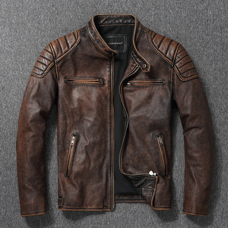 2025 neue Lederjacke Top Schicht 100 % Rindsleder Kleidung Herren Stehkragen Motorrad Kleidung Herbst Winter Plus Größe
