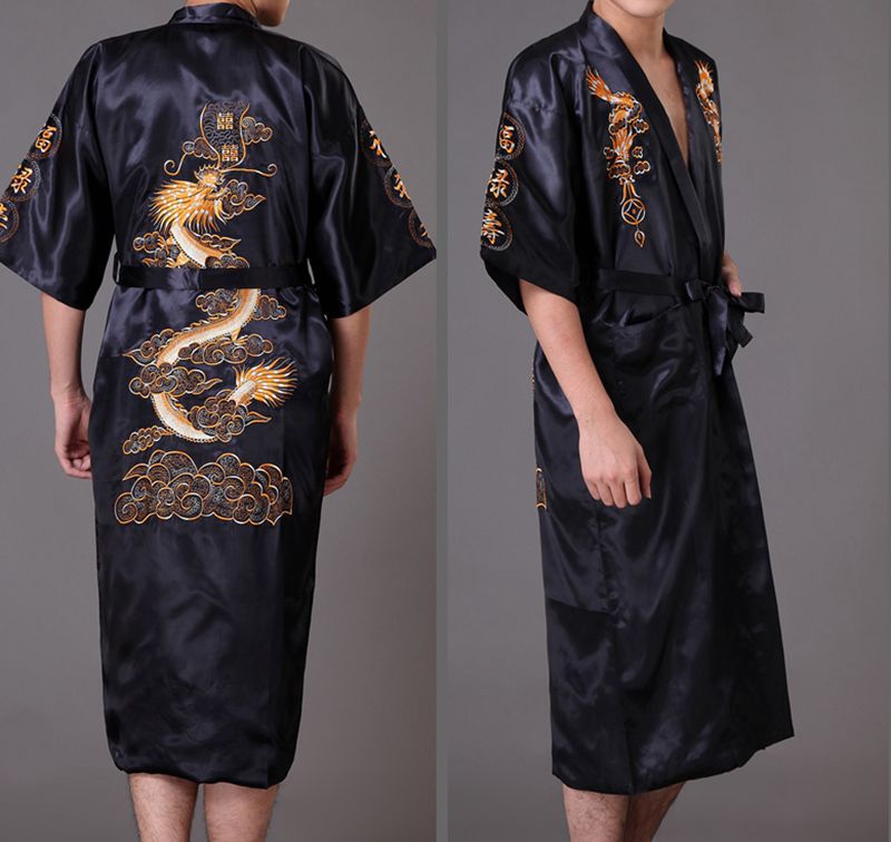 Chinesische Art Robe klassische Stickerei Drachen Kimono Mann Homewear langen Bademantel Satin Nachthemd lose Nachtwäsche Lounge wear