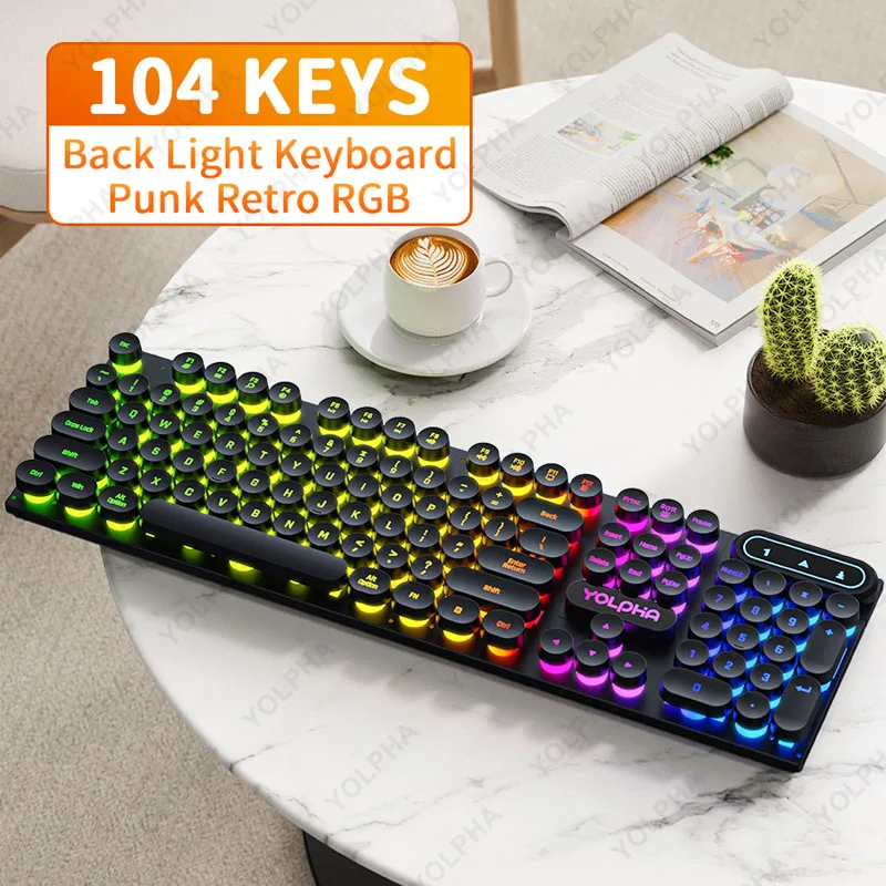 Проводная клавиатура с 104 клавишами и RGB-подсветкой, игровая проводная эргономичная клавиатура для компьютера, ноутбука, ПК, геймера, офиса