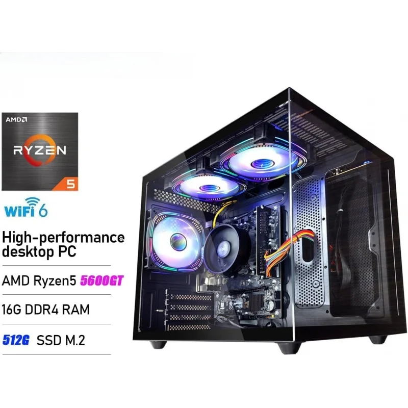 PC para juegos |   Ryzen5 5600GT |   Nvme SSD 512G |   16GB de RAM |   Computadora de sobremesa WiFi 6 Torres precostruidas Negro