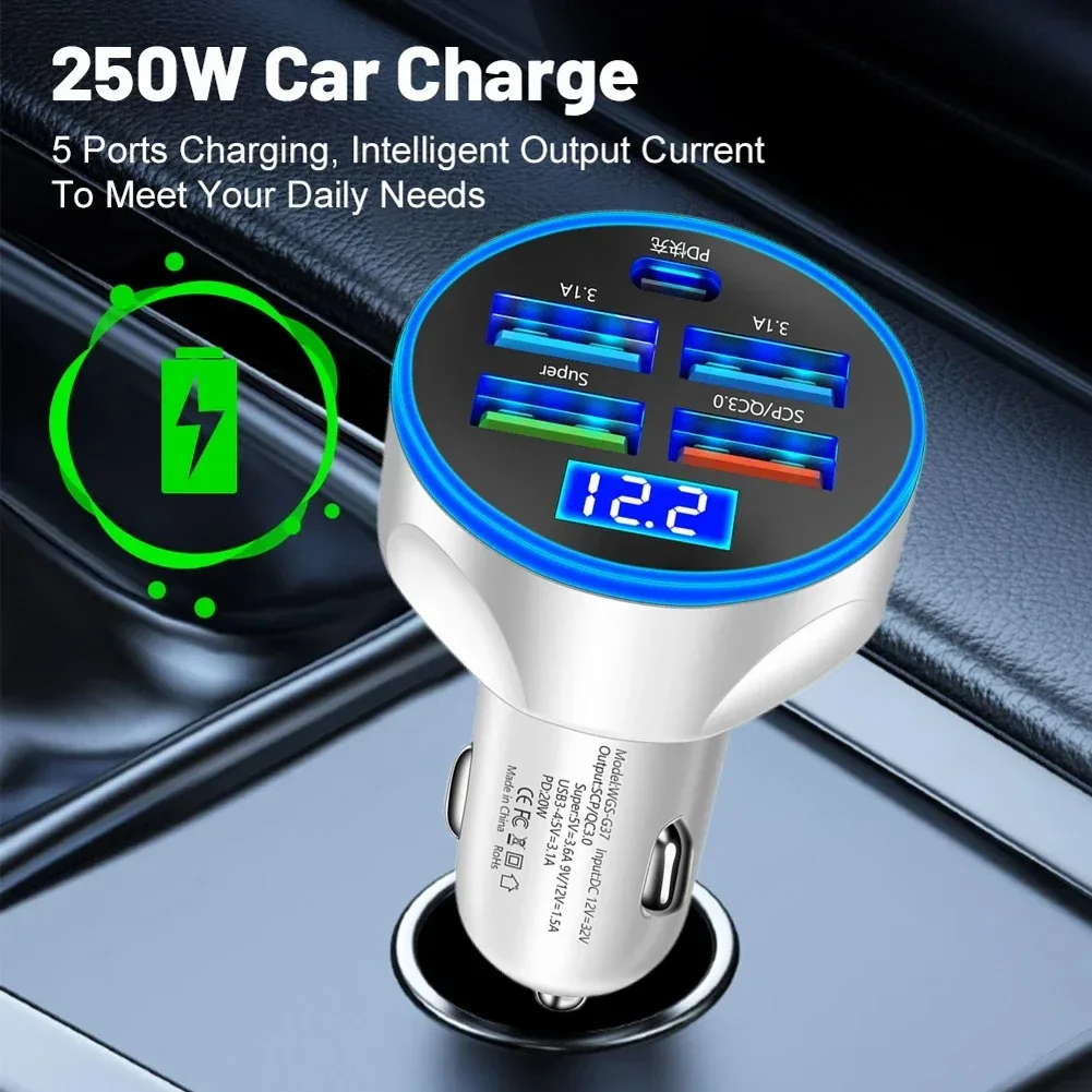 차량용 고속 충전 PD QC3.0 USB C 자동 전화 충전기 어댑터, 아이폰, 삼성, 화웨이, 샤오미, 250W, 5 포트