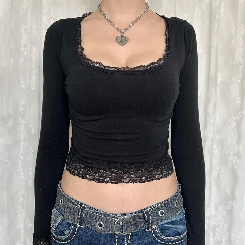 2000er Jahre Grafik T-Shirt Vintage Fee Grunge Damen Herbst Spitzenbesatz Langarm Slim Fit Tops y2k Kleidung Basic Harajuku T-Shirts